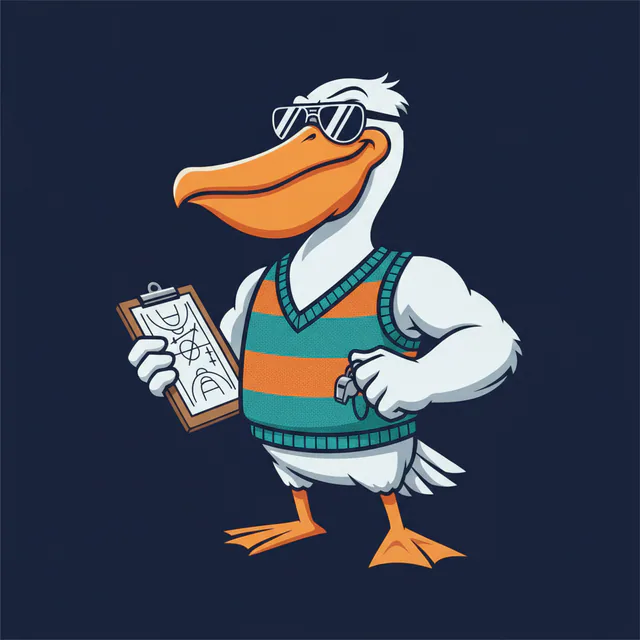 Brim — QuestMingle's cocky arena pelican mascot, holding a coaching clipboard